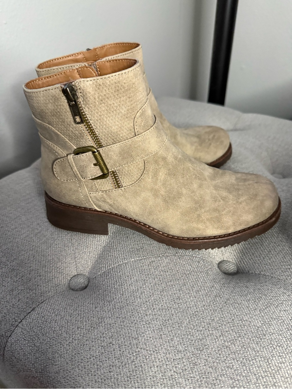 Beige Suede-Look Ankle Boot with Decorative Buckle and Side Zip